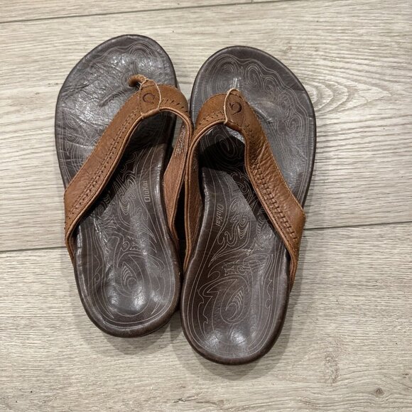 Olukai Mens Sandals 7 Hiapo Brown Leather Flip Flops EU 40 - Picture 6 of 8